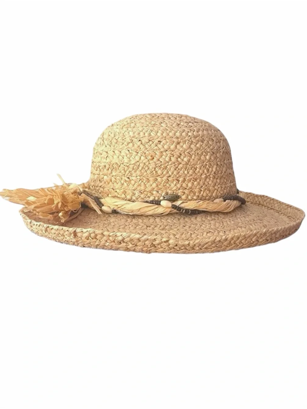 SCALA Woven Natural Fiber Straw Sun Hat Beaded Raffia Bow Resort Vacation Boho